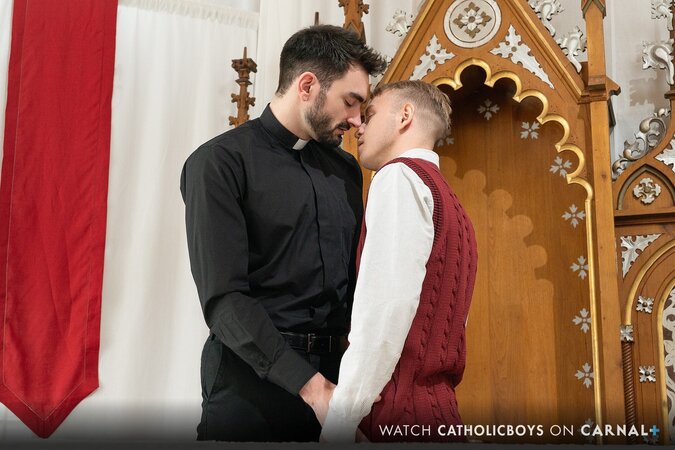 Father Aries takes Noah White on the altar for a passionate kiss