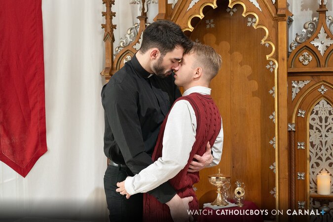 Father Aries takes Noah White on the altar for a passionate kiss