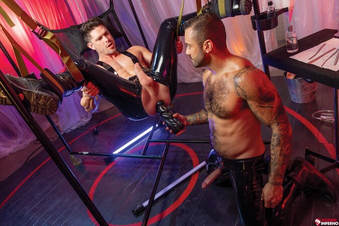 Drew Valentino fucks Devin Franco bareback in a sling with toys