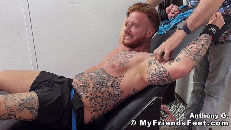 Anthony G laughs loudly during foot fetish and bondage tickling