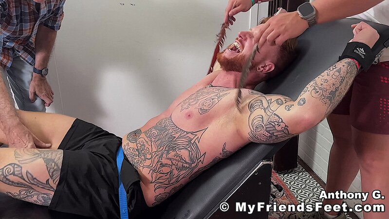 Anthony G laughs loudly during foot fetish and bondage tickling