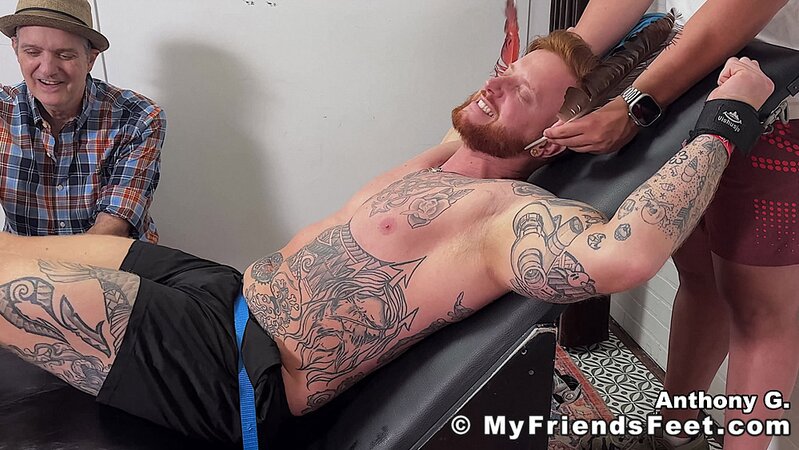 Anthony G laughs loudly during foot fetish and bondage tickling