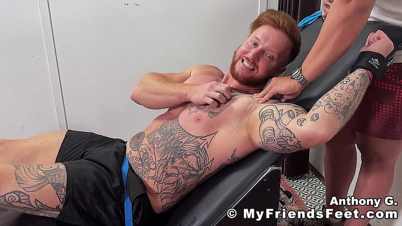 Anthony G laughs loudly during foot fetish and bondage tickling